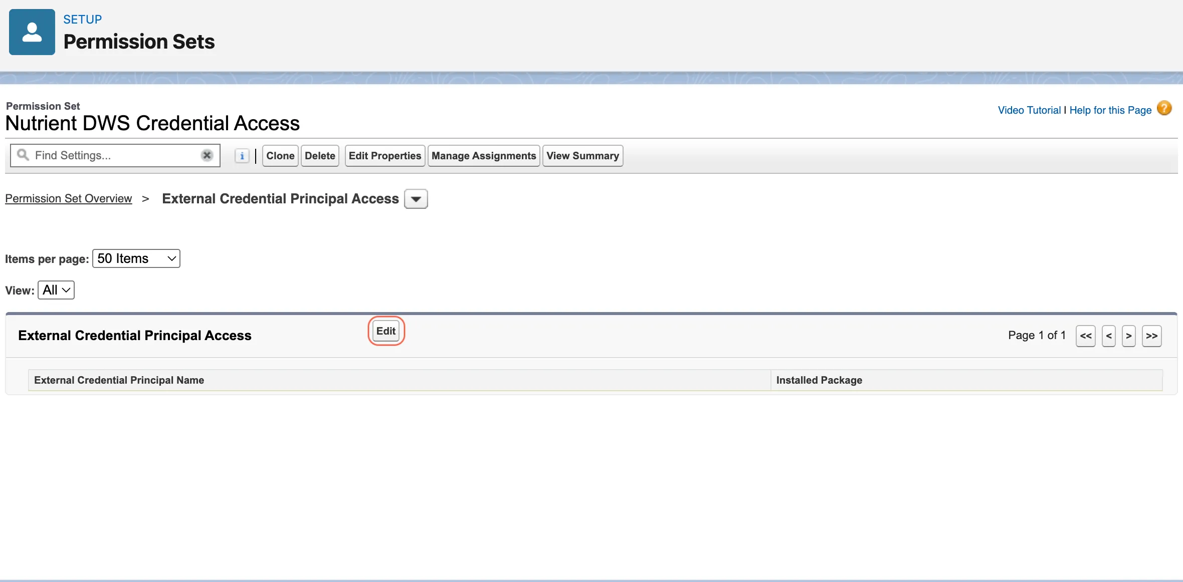External Credential Principal Access section showing the Edit button
