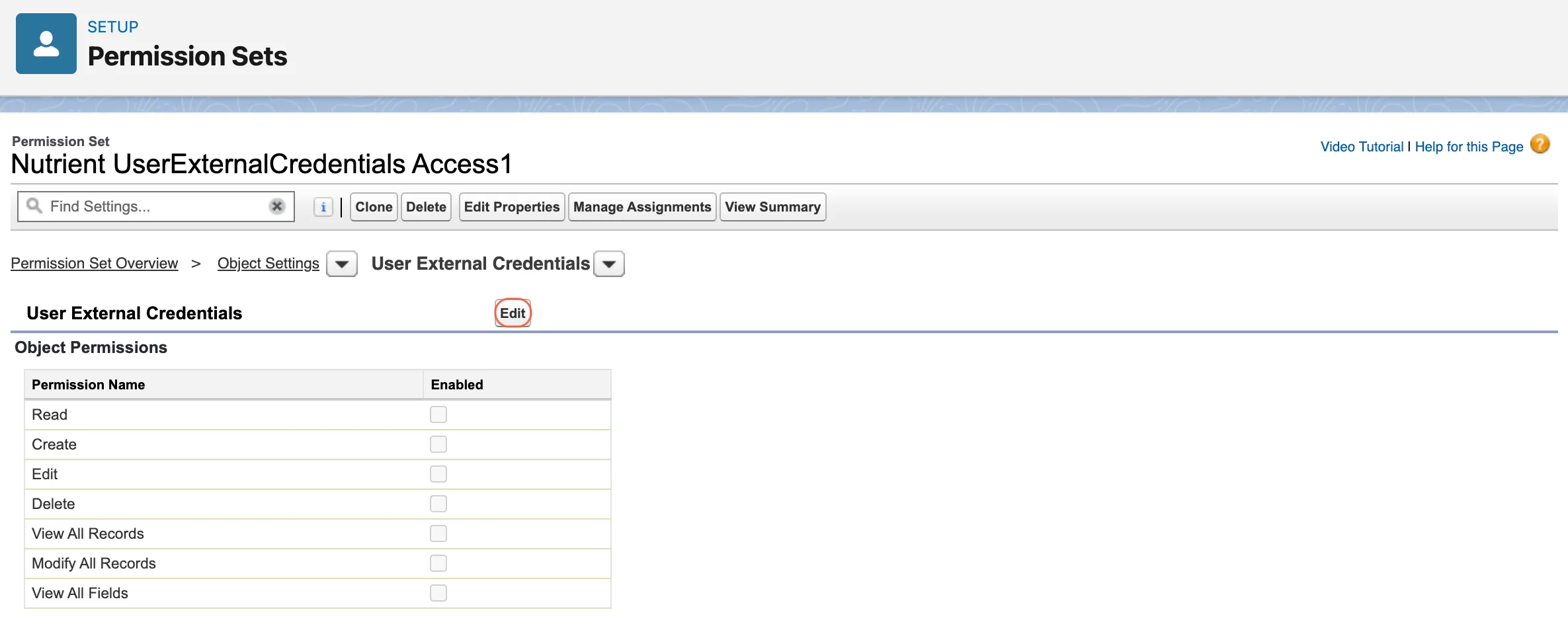 User External Credentials settings page showing the Edit button