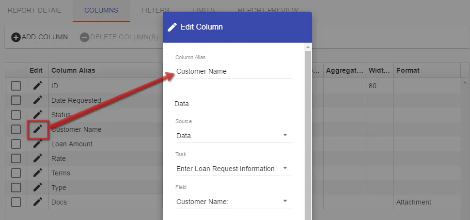 Edit column dialog with the Column Alias field highlighted