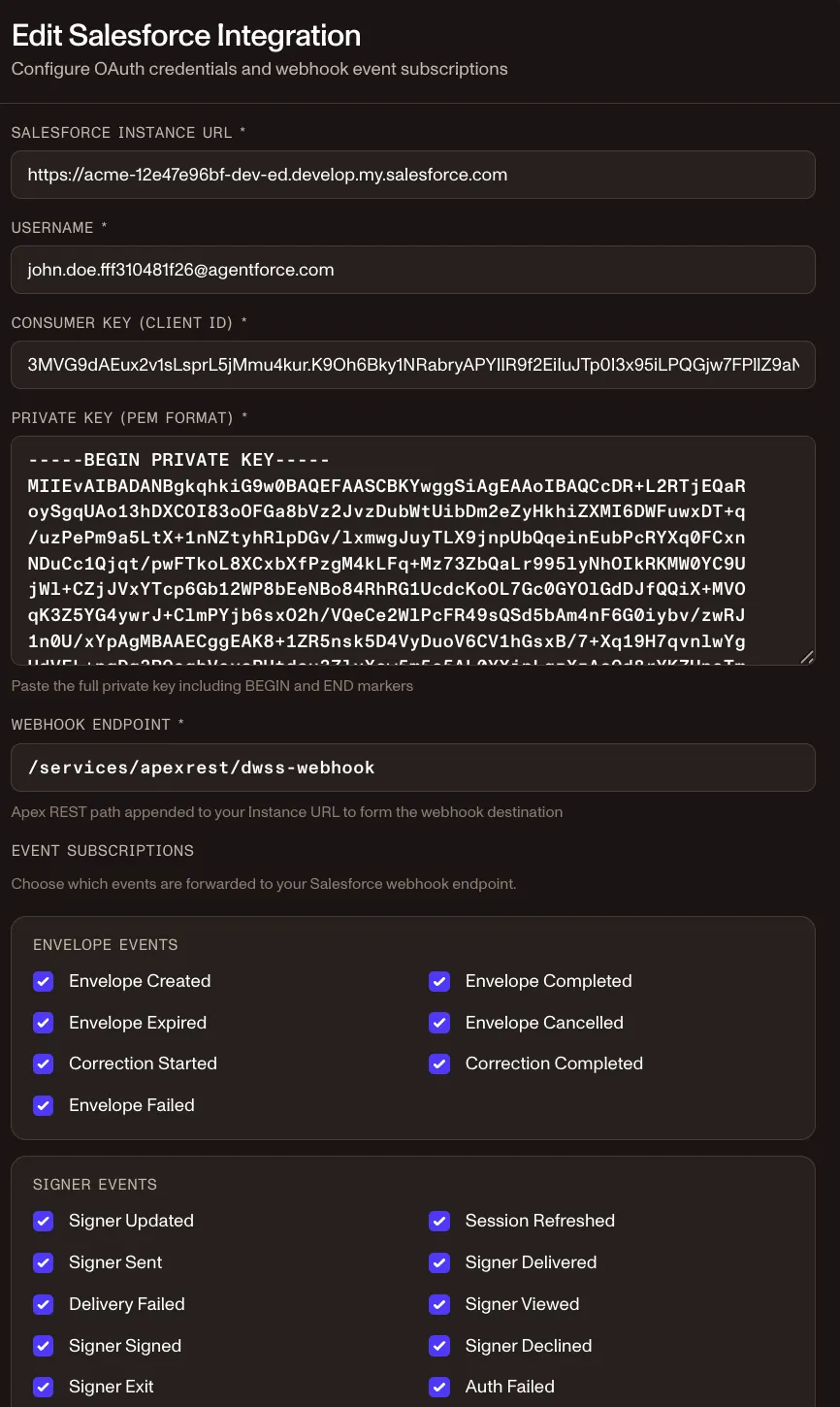 DWS Signer Salesforce integration form showing OAuth fields, webhook endpoint, and event subscriptions