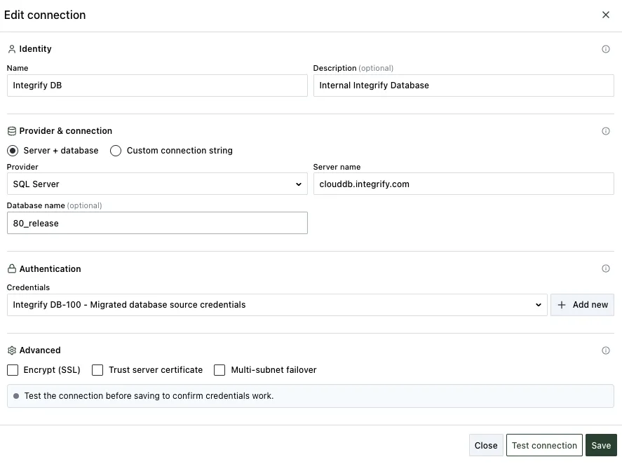 Edit connection dialog showing an empty Custom connection string field with the hint that a connection string is stored