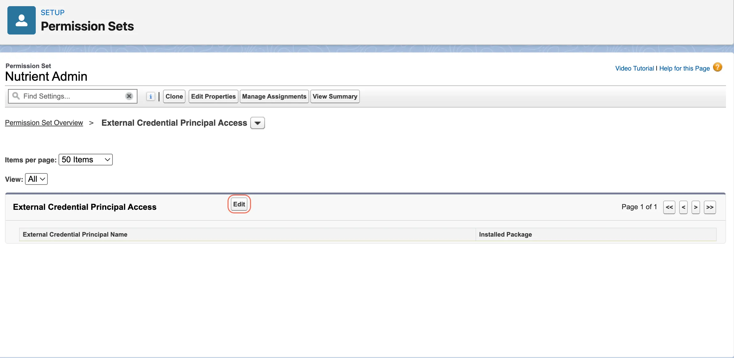 External Credential Principal Access section showing the Edit button