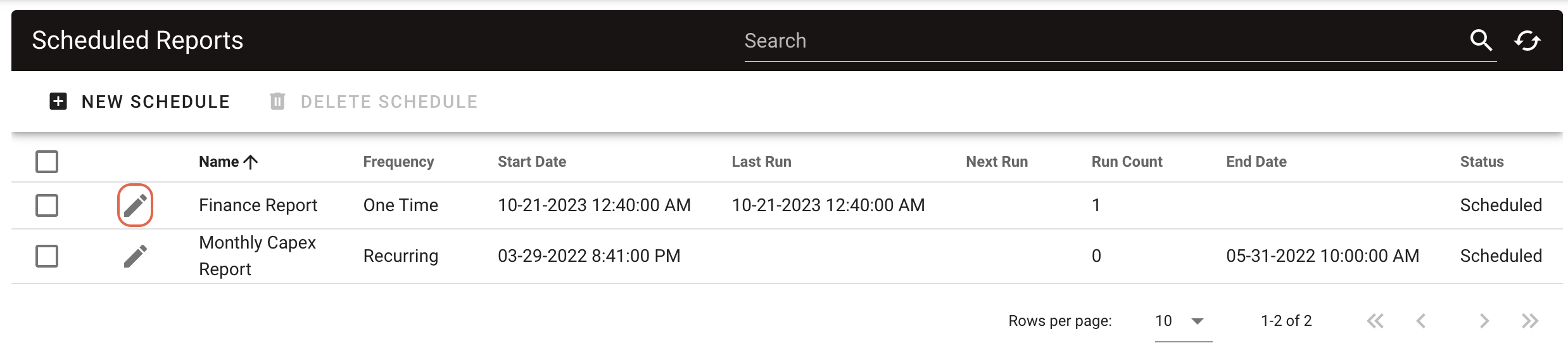 Report Scheduler edit icon highlighted showing location for viewing recipient’s report link