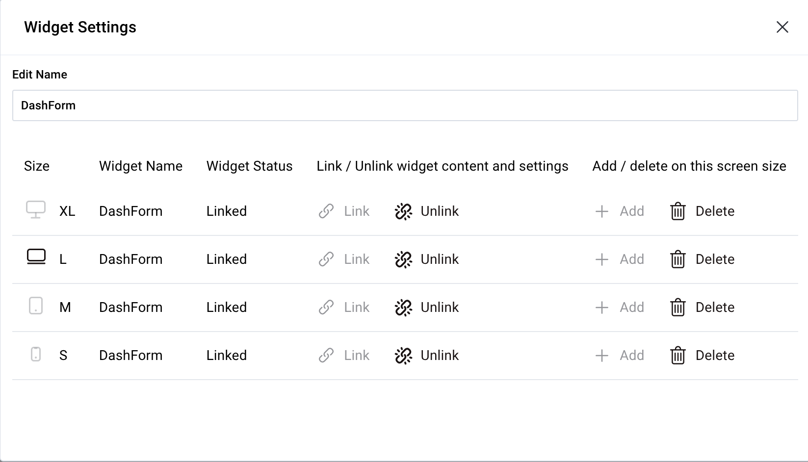 Widget settings dialog showing name field and screen size configuration options