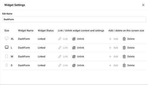 Widget settings dialog showing name field and screen size configuration options