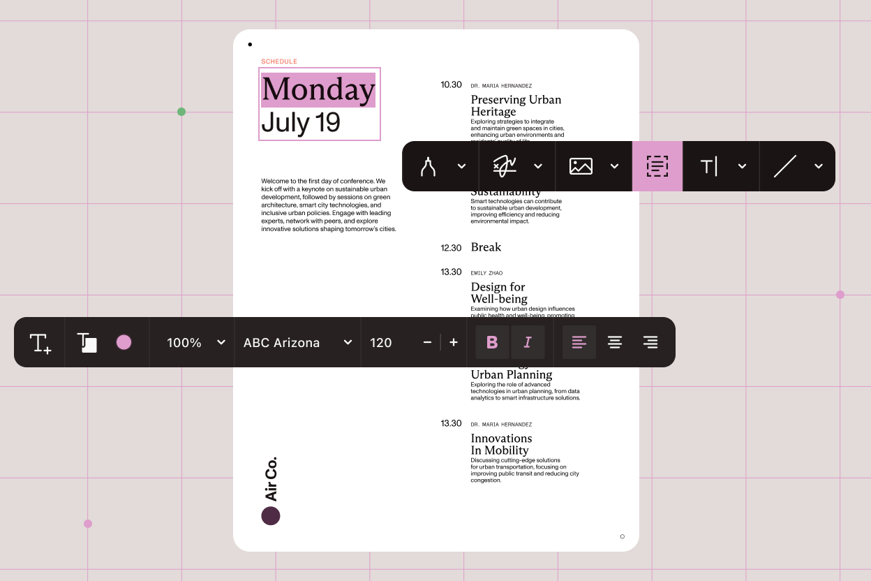 Conference schedule document with content editor toolbar