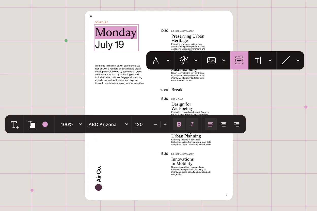 Conference schedule document with content editor toolbar