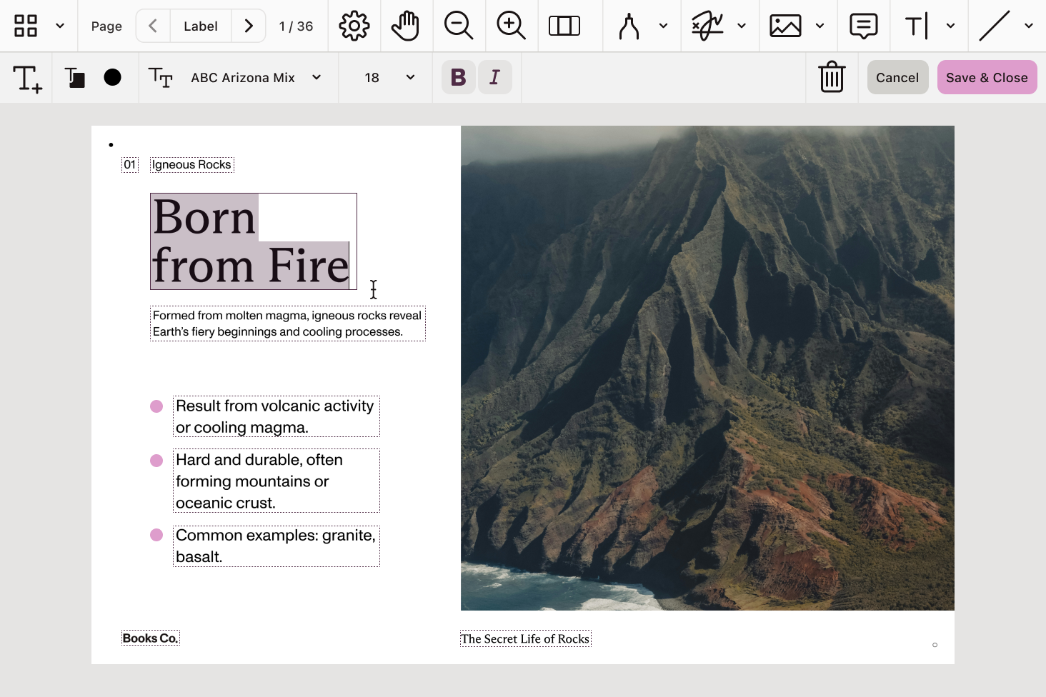 Document editor UI with content editing tool activated