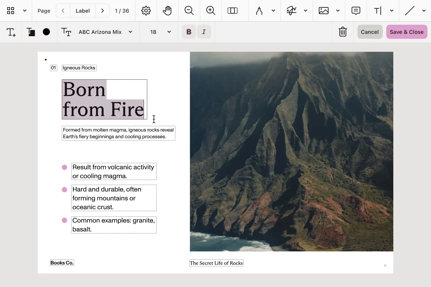 Document editing user interface with content editing tool activated