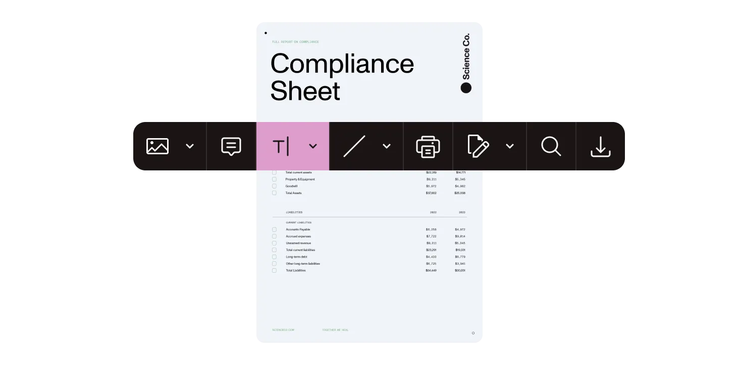 Compliance sheet document with a toolbar on top