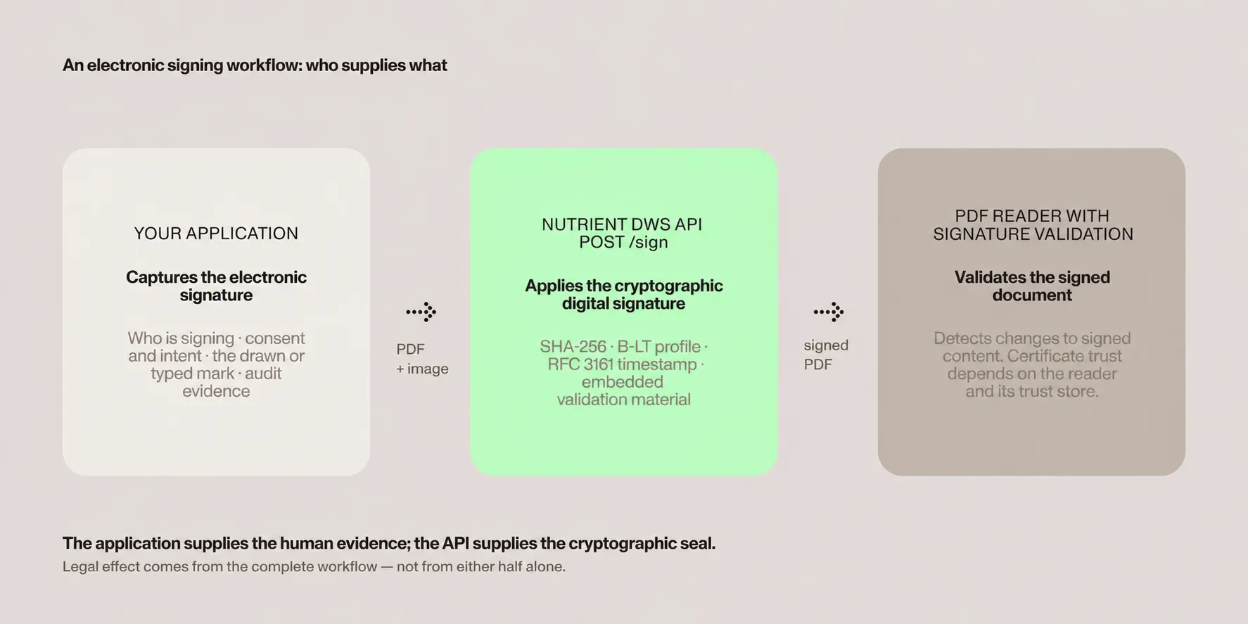 Electronic signing workflow: The application captures signer identity and consent, the API signs the PDF, and a PDF reader with signature validation checks signed content using its trust store.
