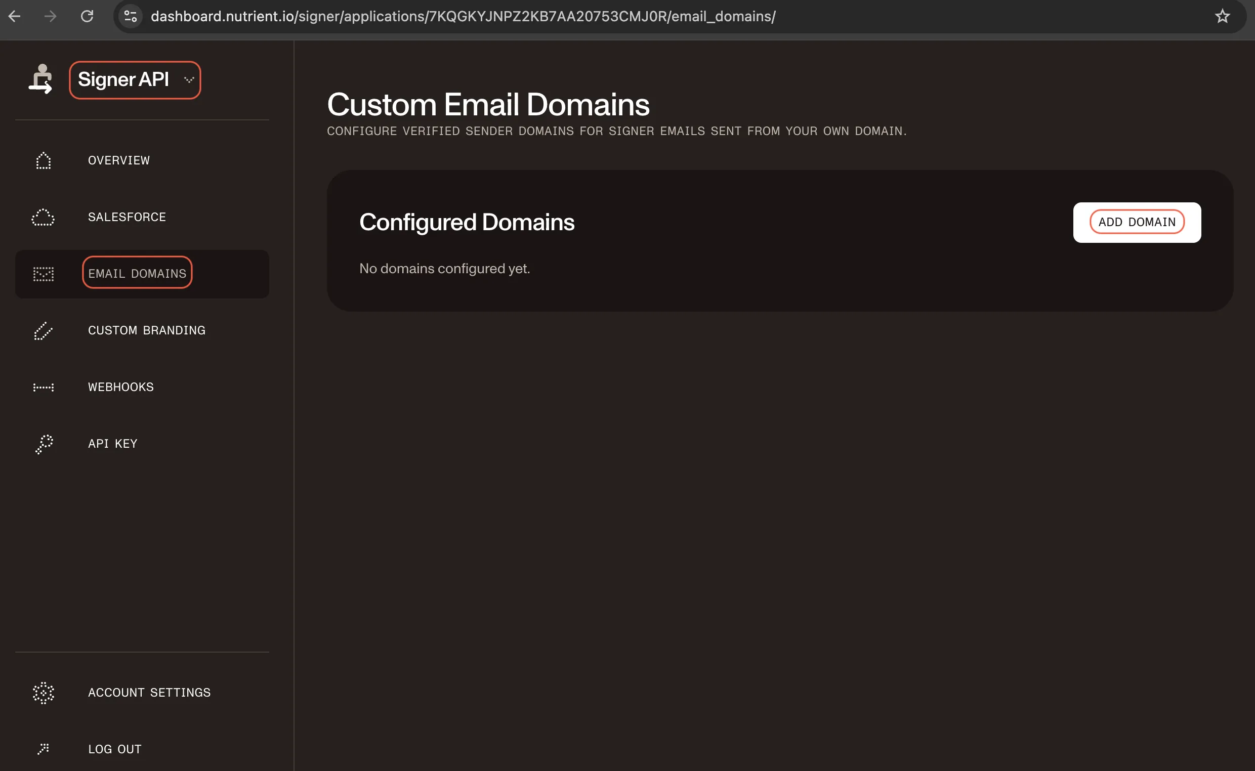 DWS Signer dashboard showing the Email Domains page and Add Domain button