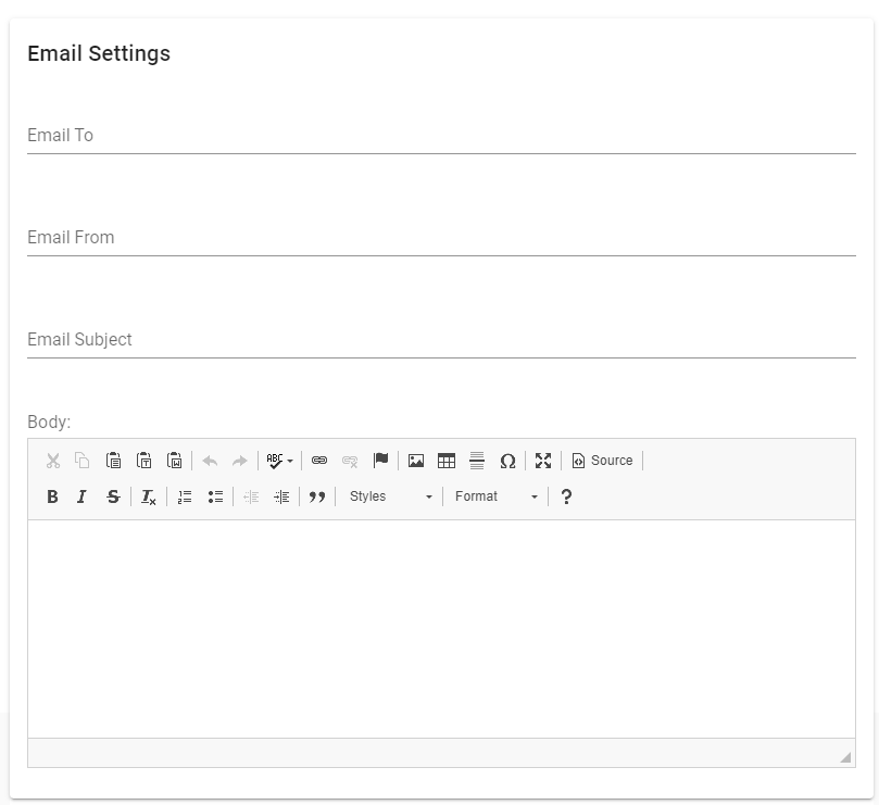 Email settings configuration form showing email recipient, sender, subject, and body fields