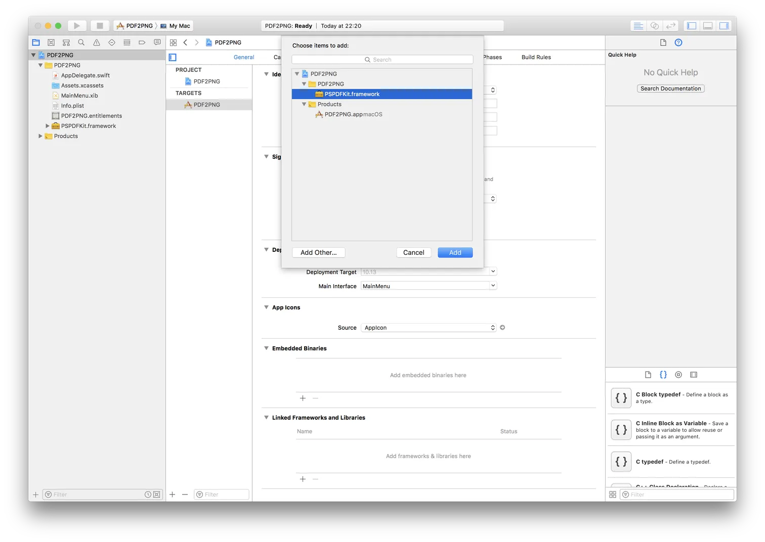 screen shot of selecting framework as embedded binary