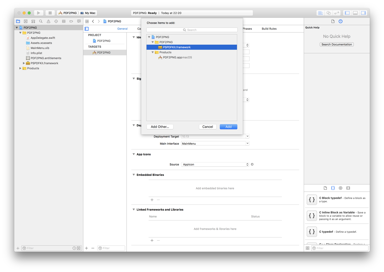 screen shot of selecting framework as embedded binary