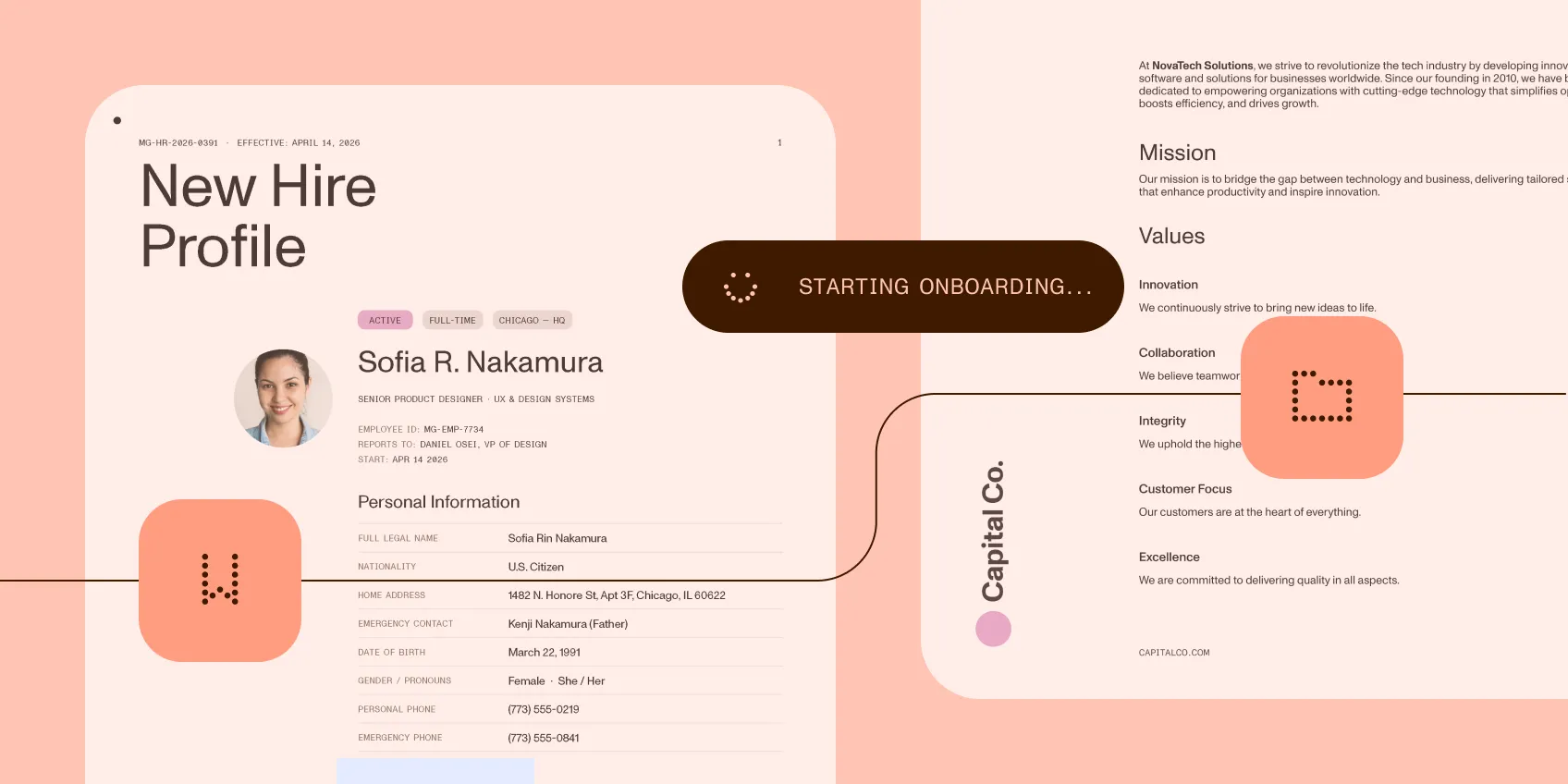 Training assignments, completion records, and setup requests connected to the onboarding process.
