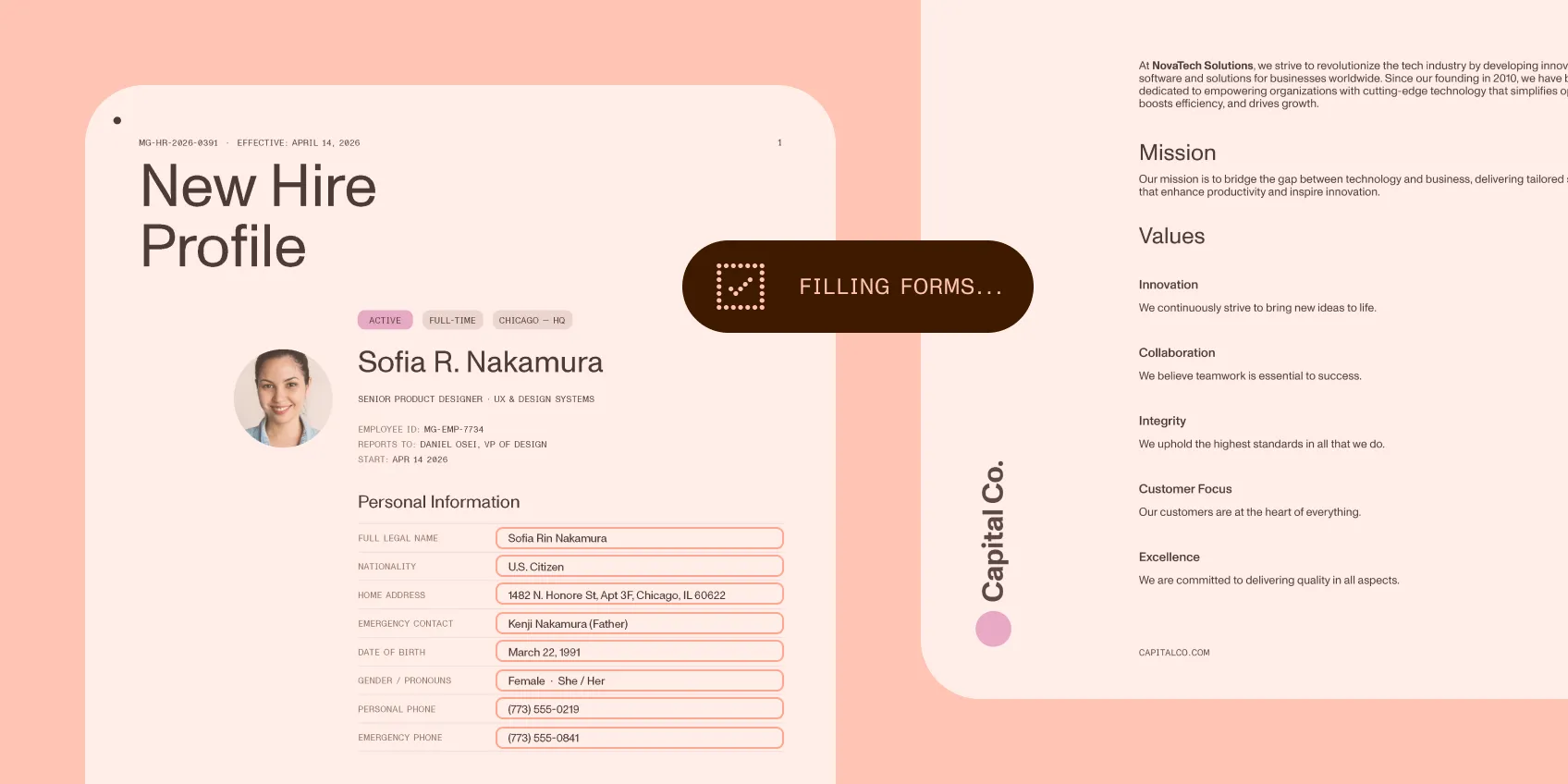 Forms populated from accepted employee data with required supporting documents gathered.