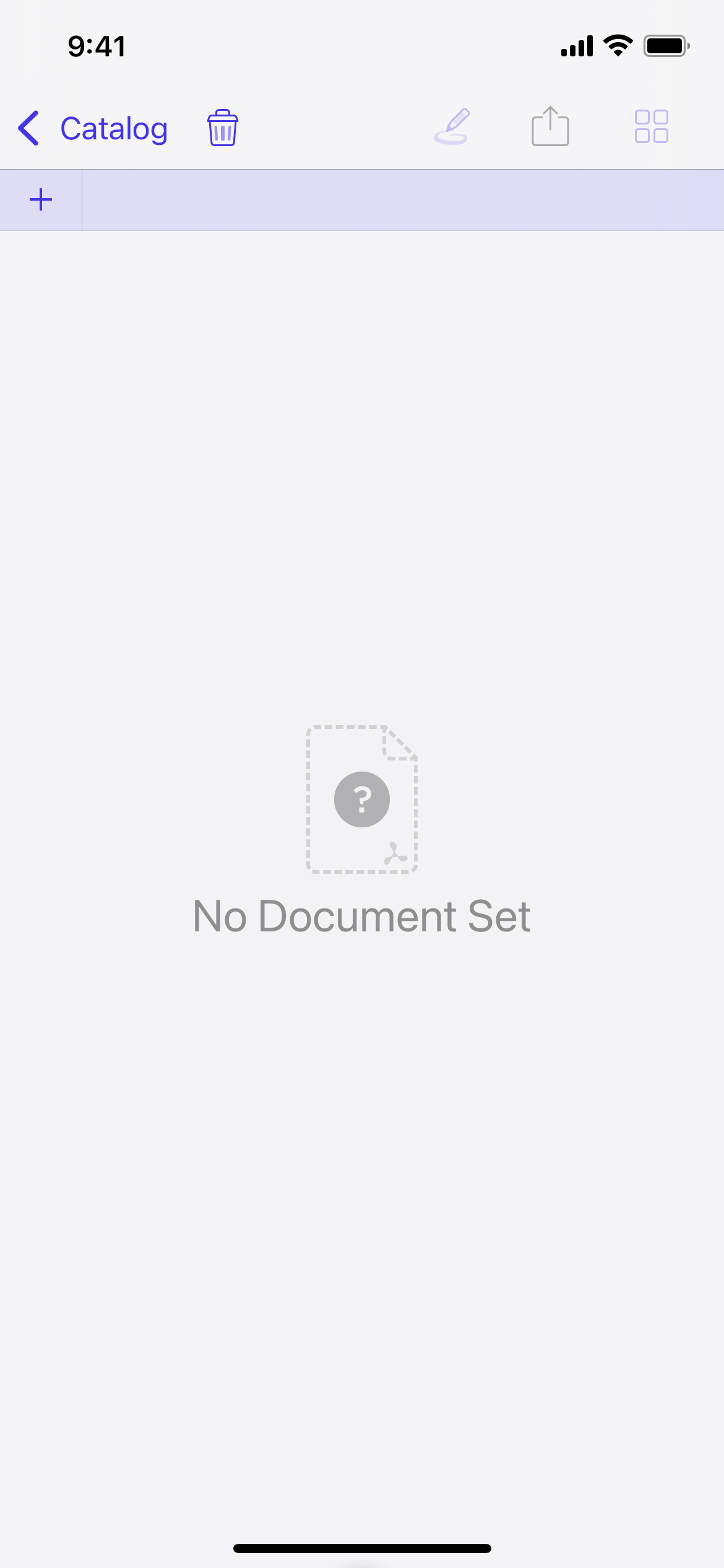 Screenshot of empty state with message “No Document Set.”