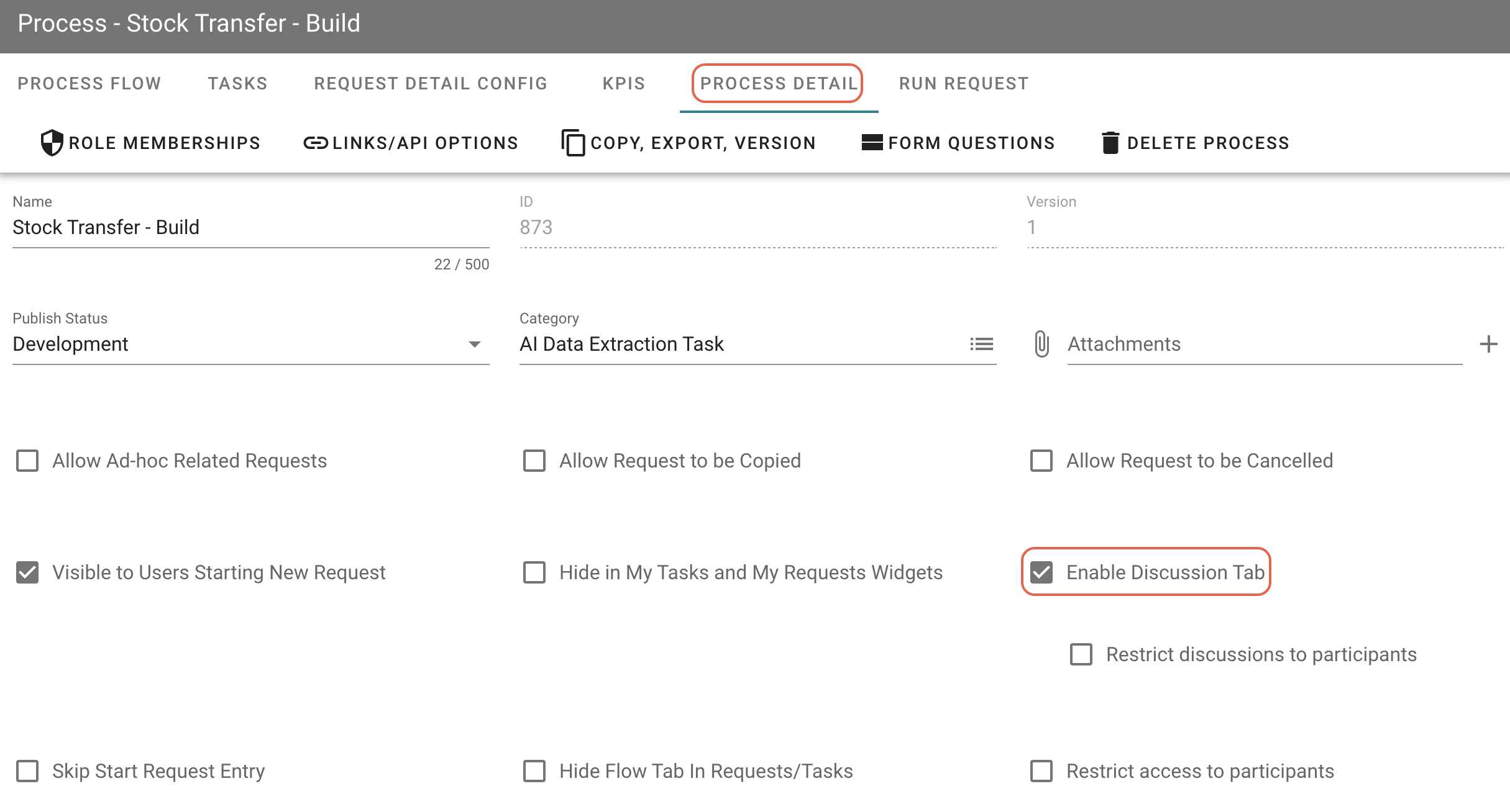 Discussion tab enabled checkbox in Process Details settings