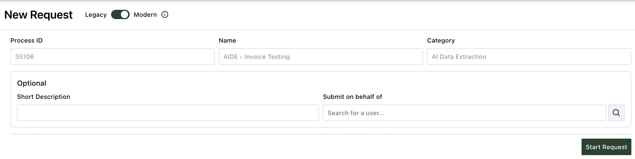 Request description screen with submit on behalf of another user option