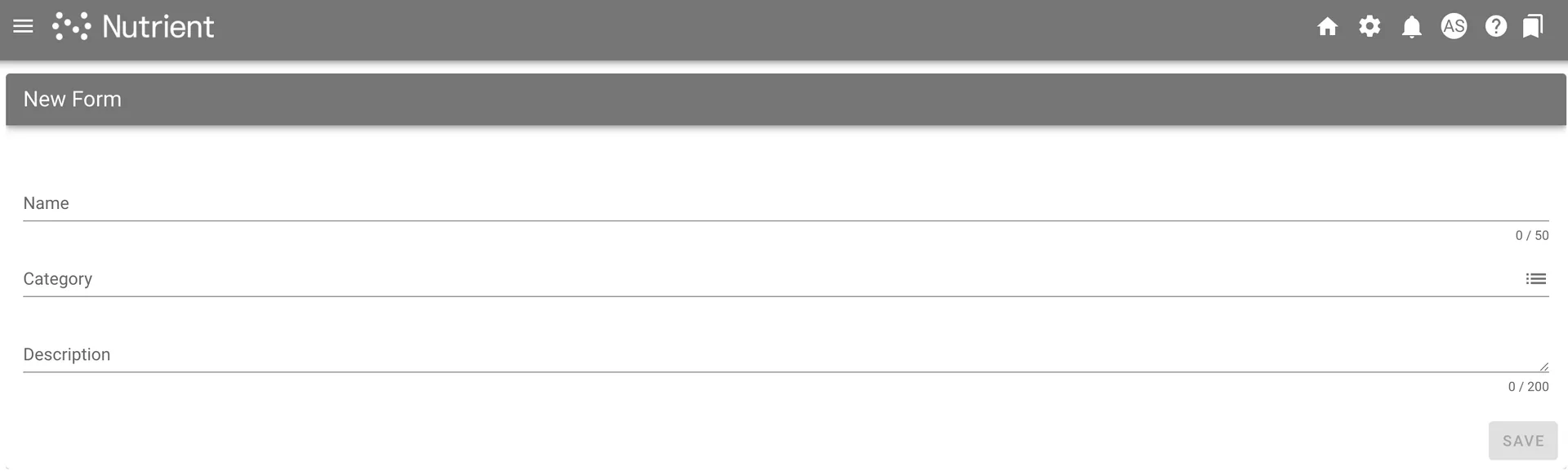 New form dialog with Name, Category, and Description fields