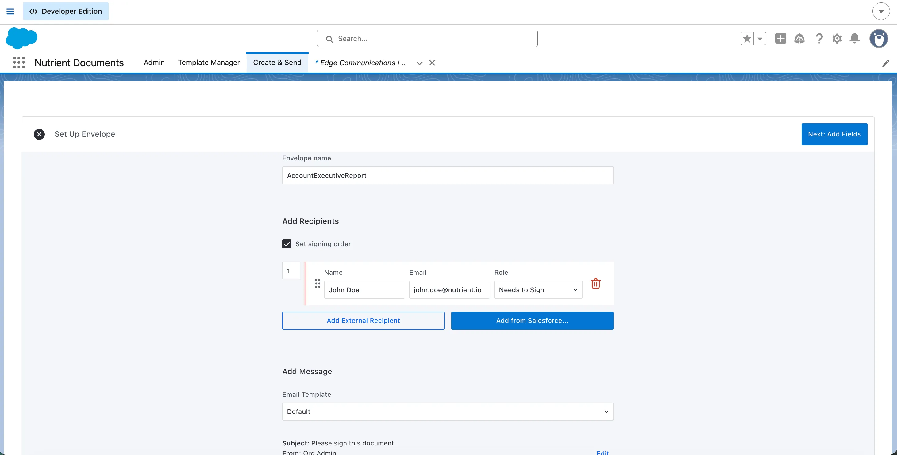 Set Up Envelope screen showing envelope name, recipients, signing order, and recipient roles