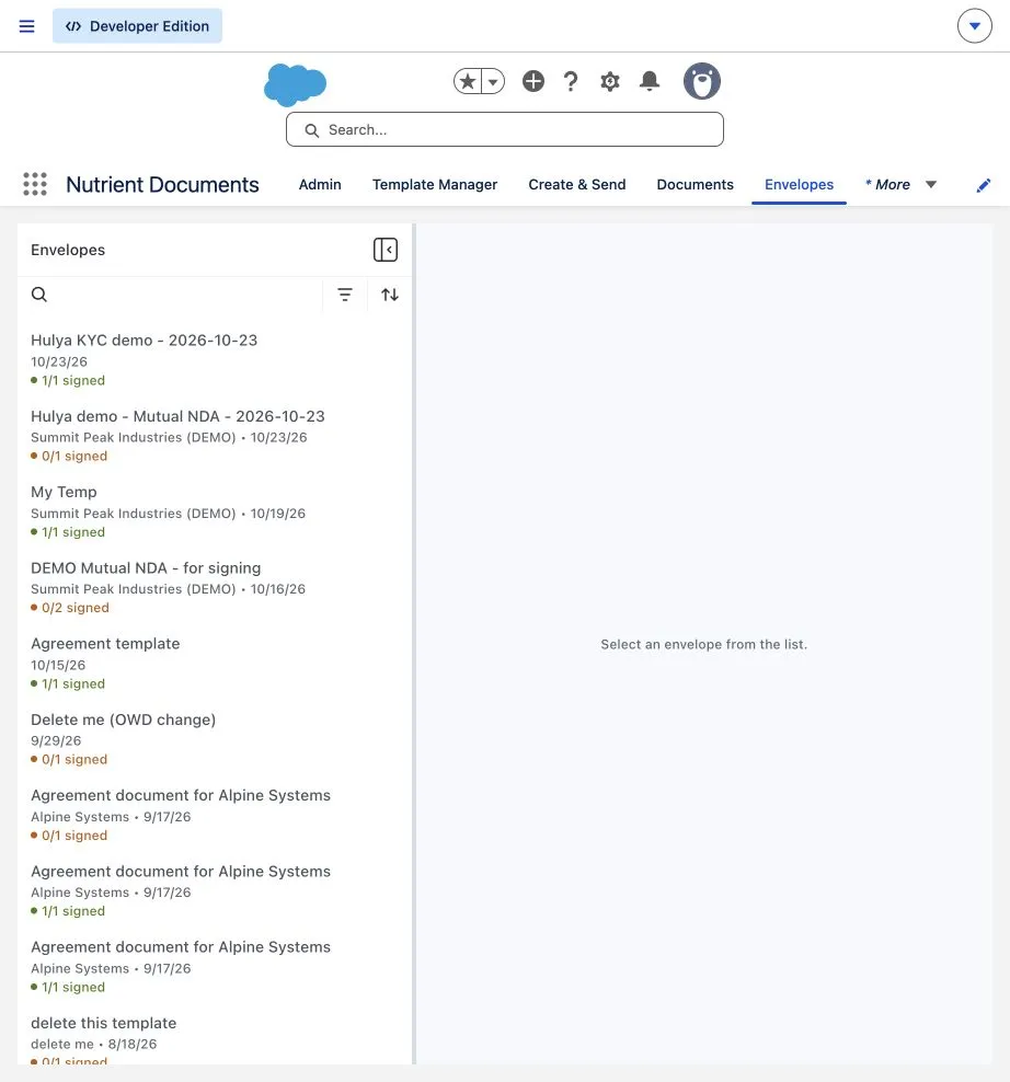 Salesforce envelope list showing the fictional banking test with one of one signers complete