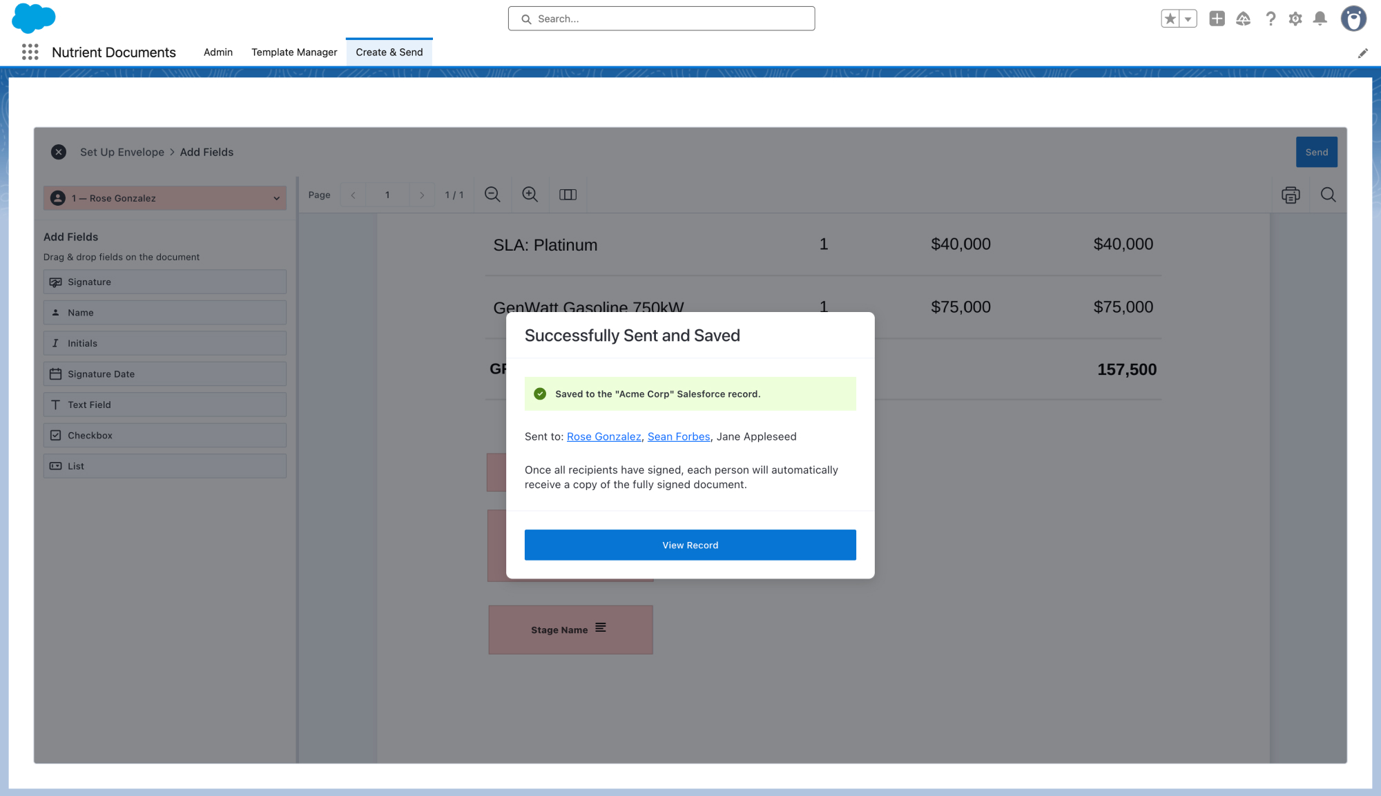 Envelope status tracked on the Salesforce Opportunity record