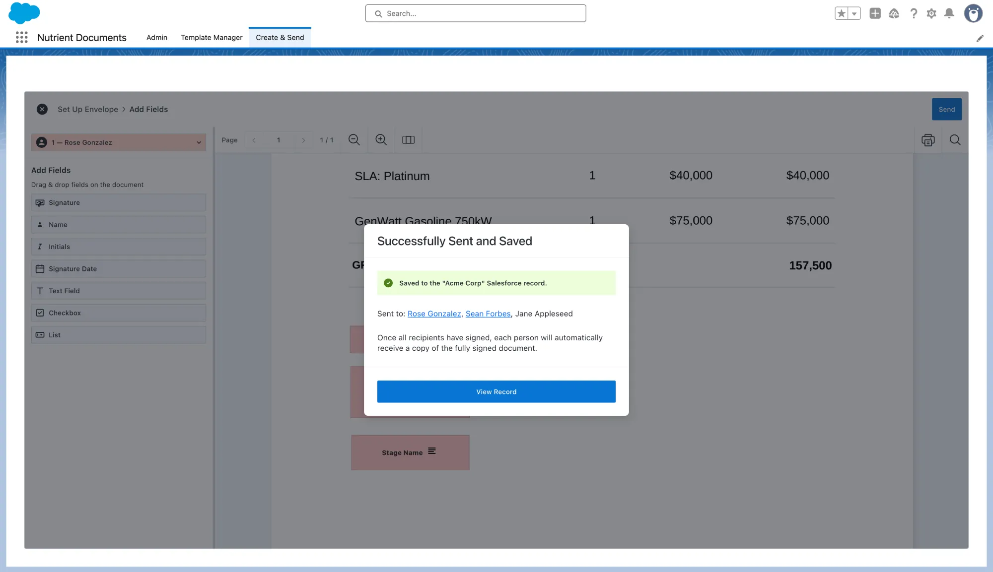 Envelope status tracked on the Salesforce Opportunity record