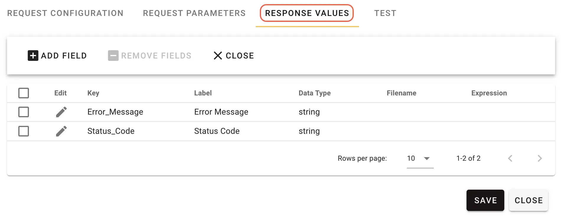 Response Values configuration for capturing error codes