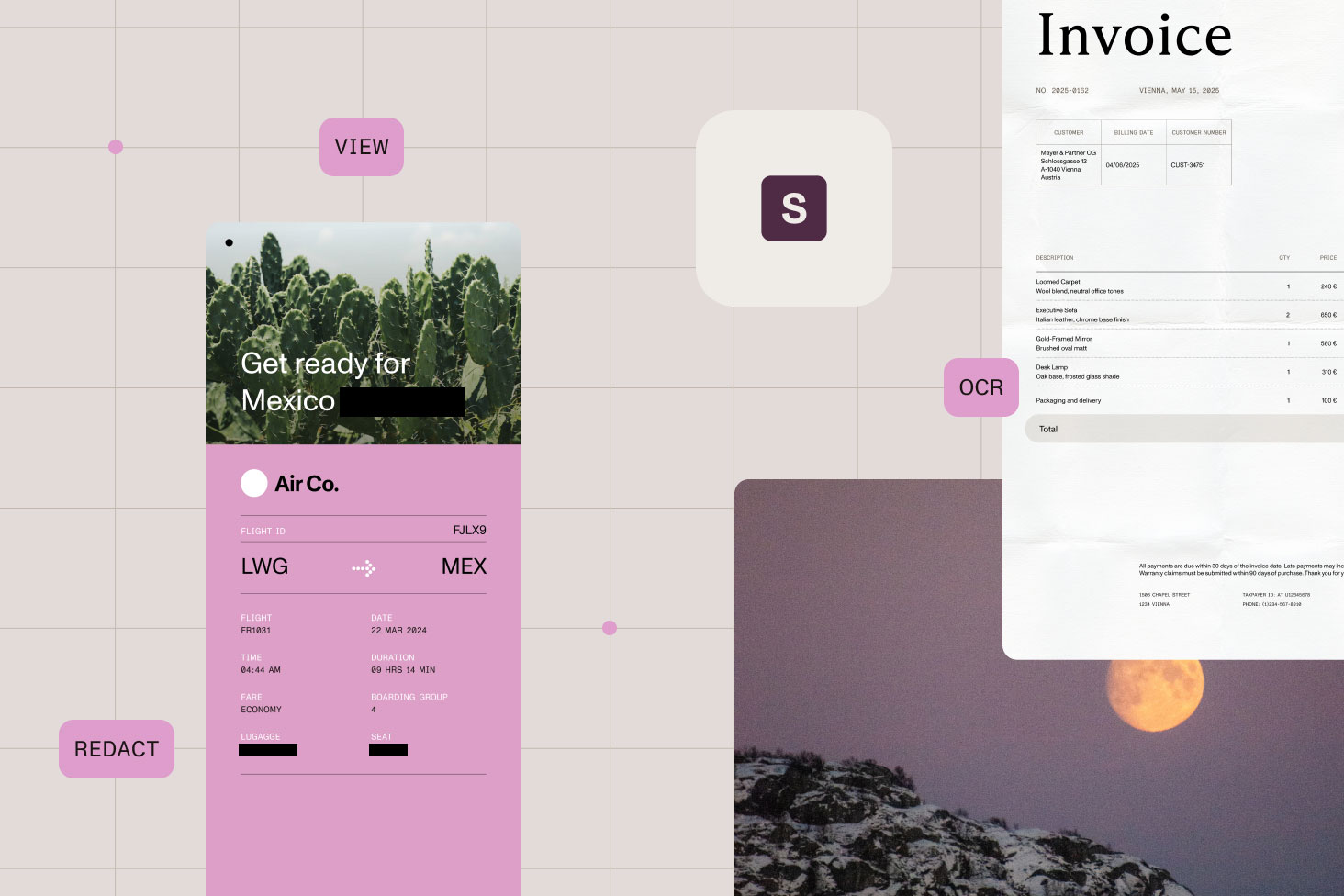 Plane ticket and scanned invoice showcasing document viewing, redaction, and OCR features using SharePoint