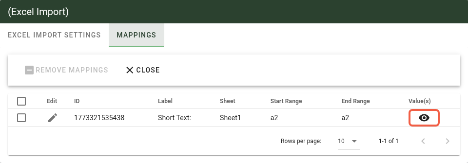 Mappings tab showing the Value(s) preview button