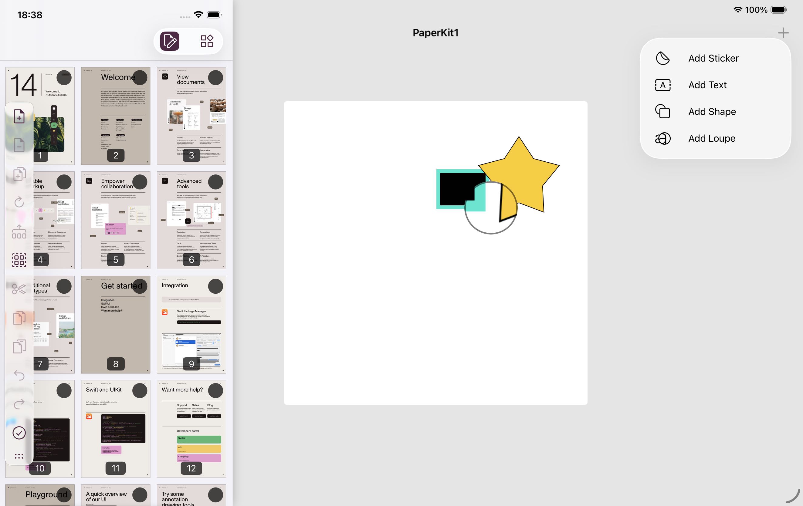 Screenshot of Liquid Glass Document Editor toolbar in Nutrient iOS SDK on iPhone and shaped on a white canvas on iPad.
