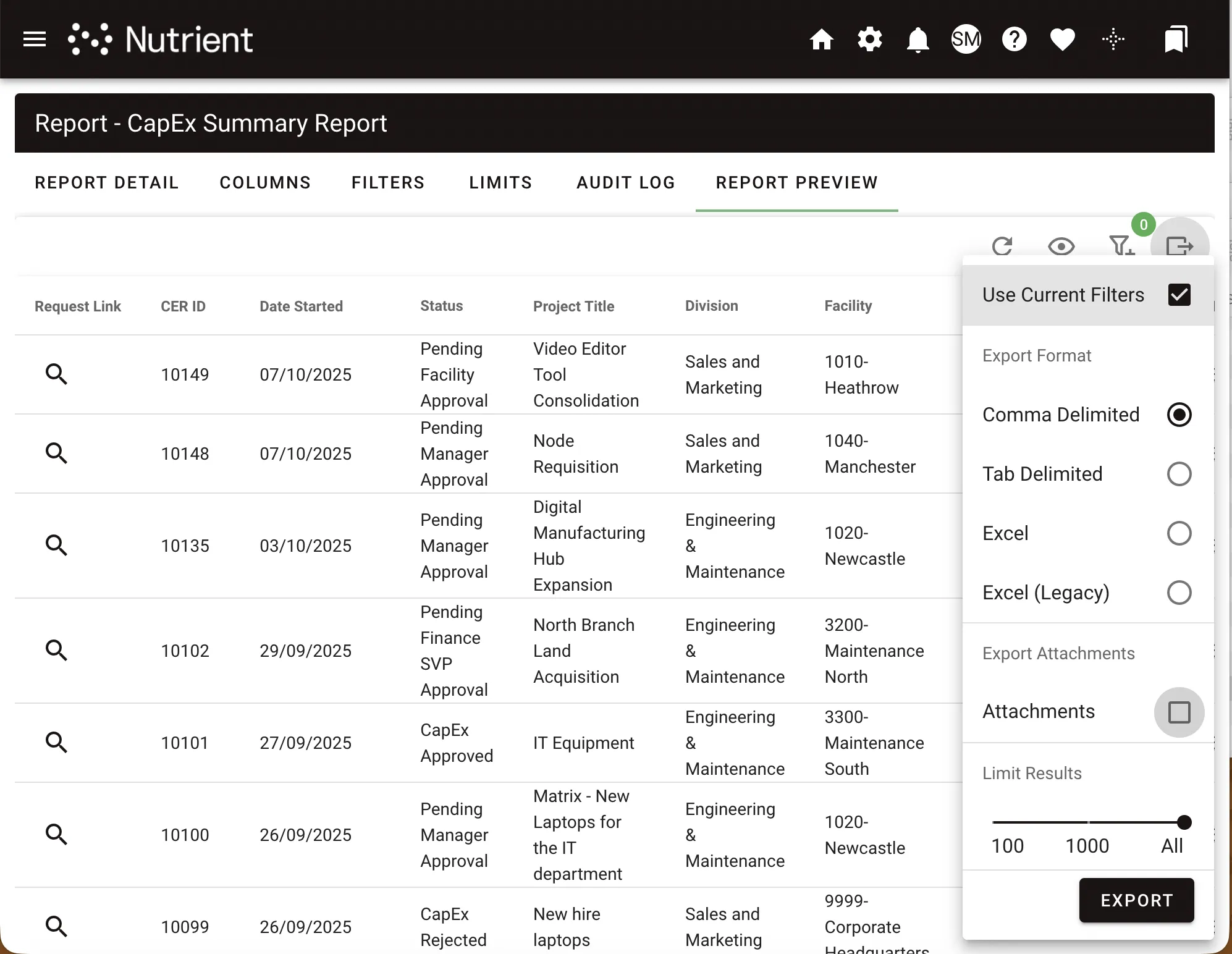 Report Preview tab with the Export menu open, showing Use Current Filters, the Export Format options, an Attachments checkbox under Export Attachments, the Limit Results slider, and the Export button
