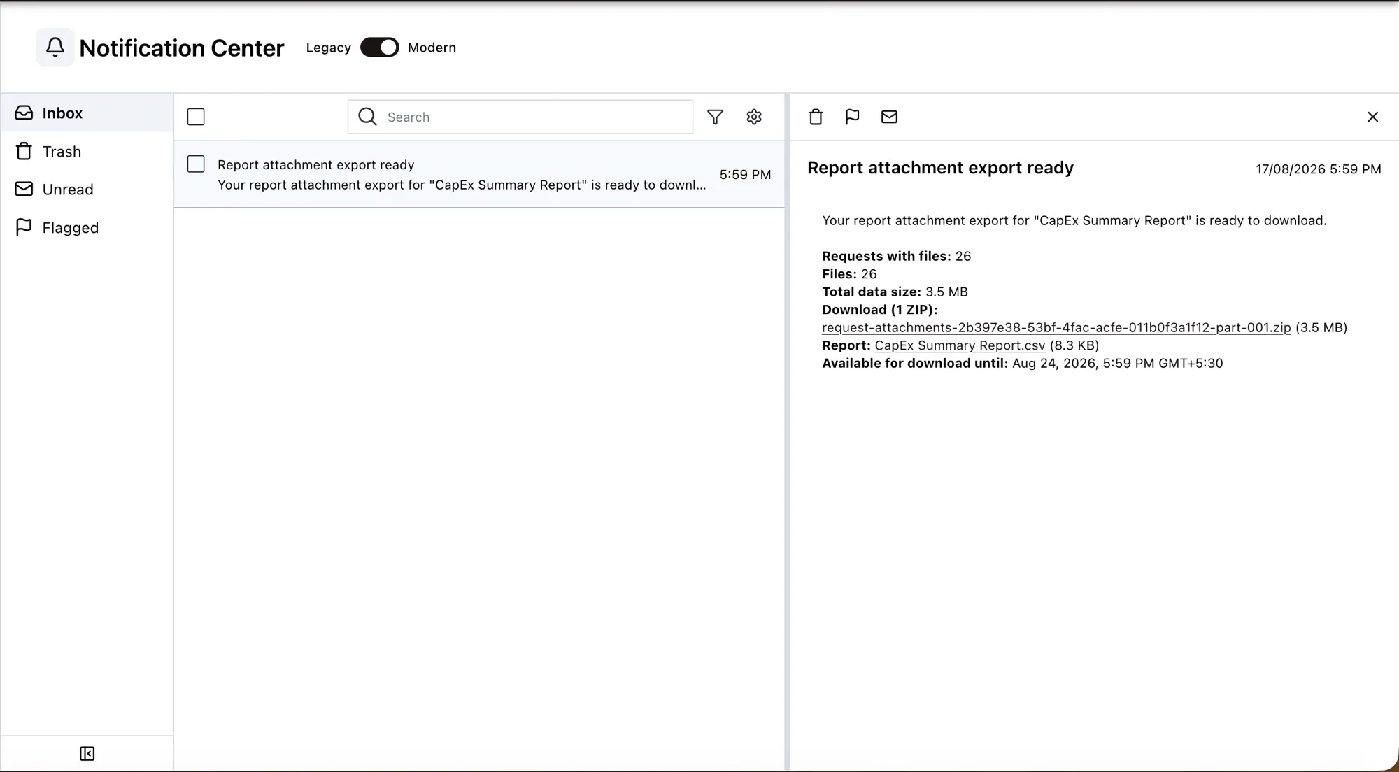 Notification Center showing a Report attachment export ready message, with counts, total data size, a ZIP download link, the report file link, and the date the links expire
