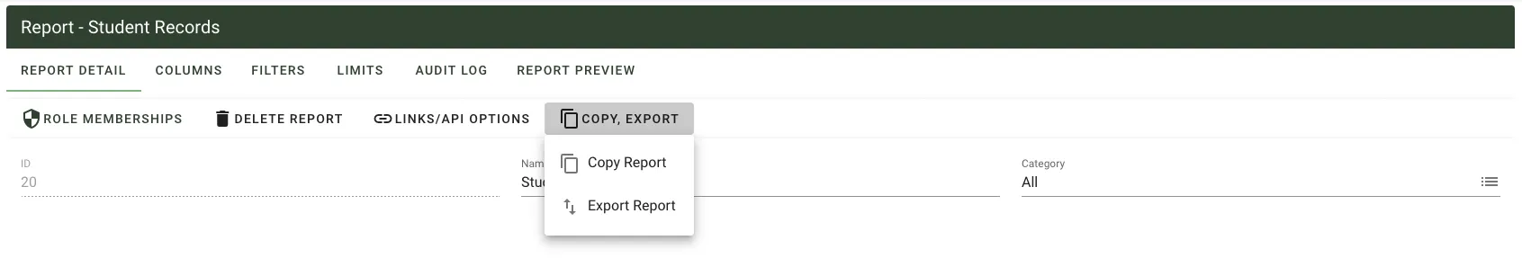 Report Detail tab with the COPY, EXPORT button selected, showing a menu with Copy Report and Export Report