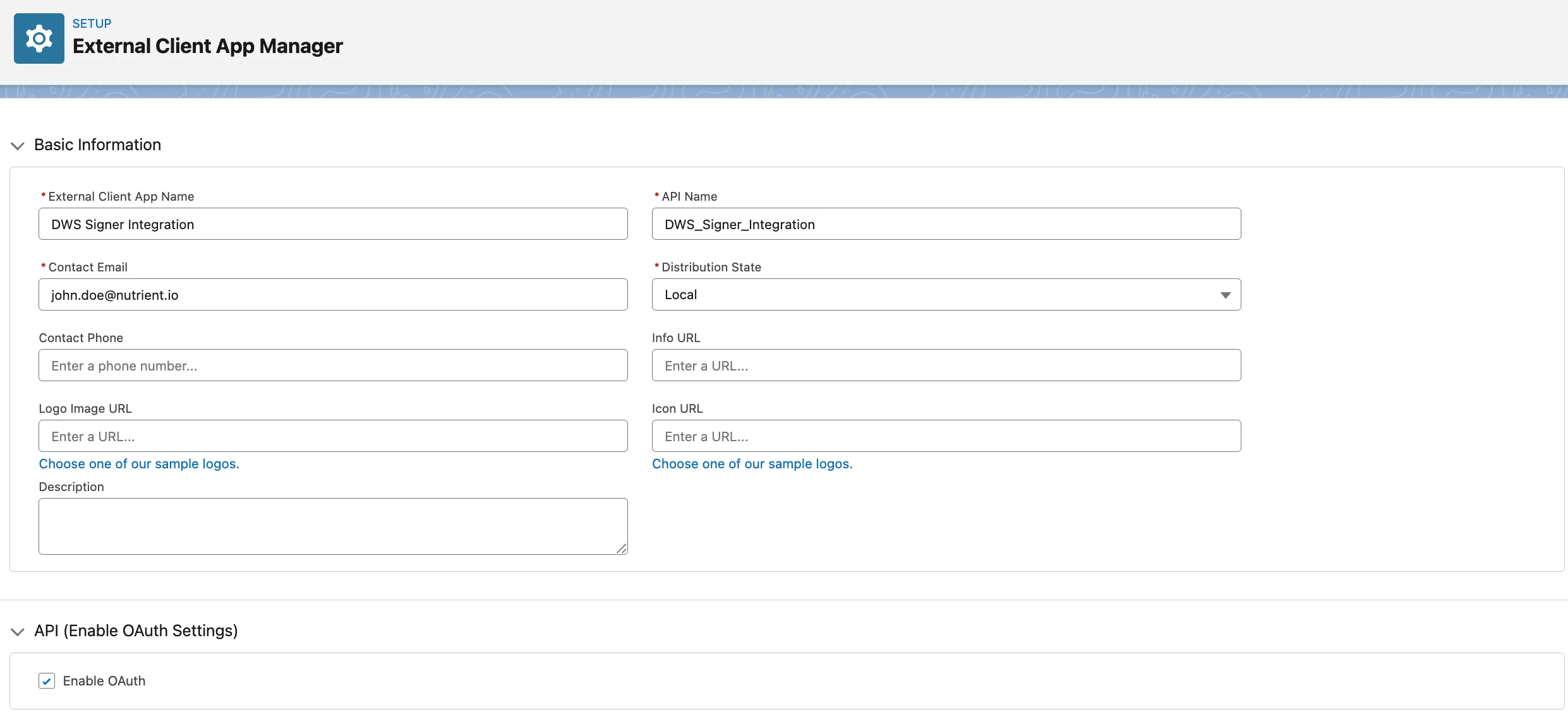 New External Client App form showing basic details and OAuth settings