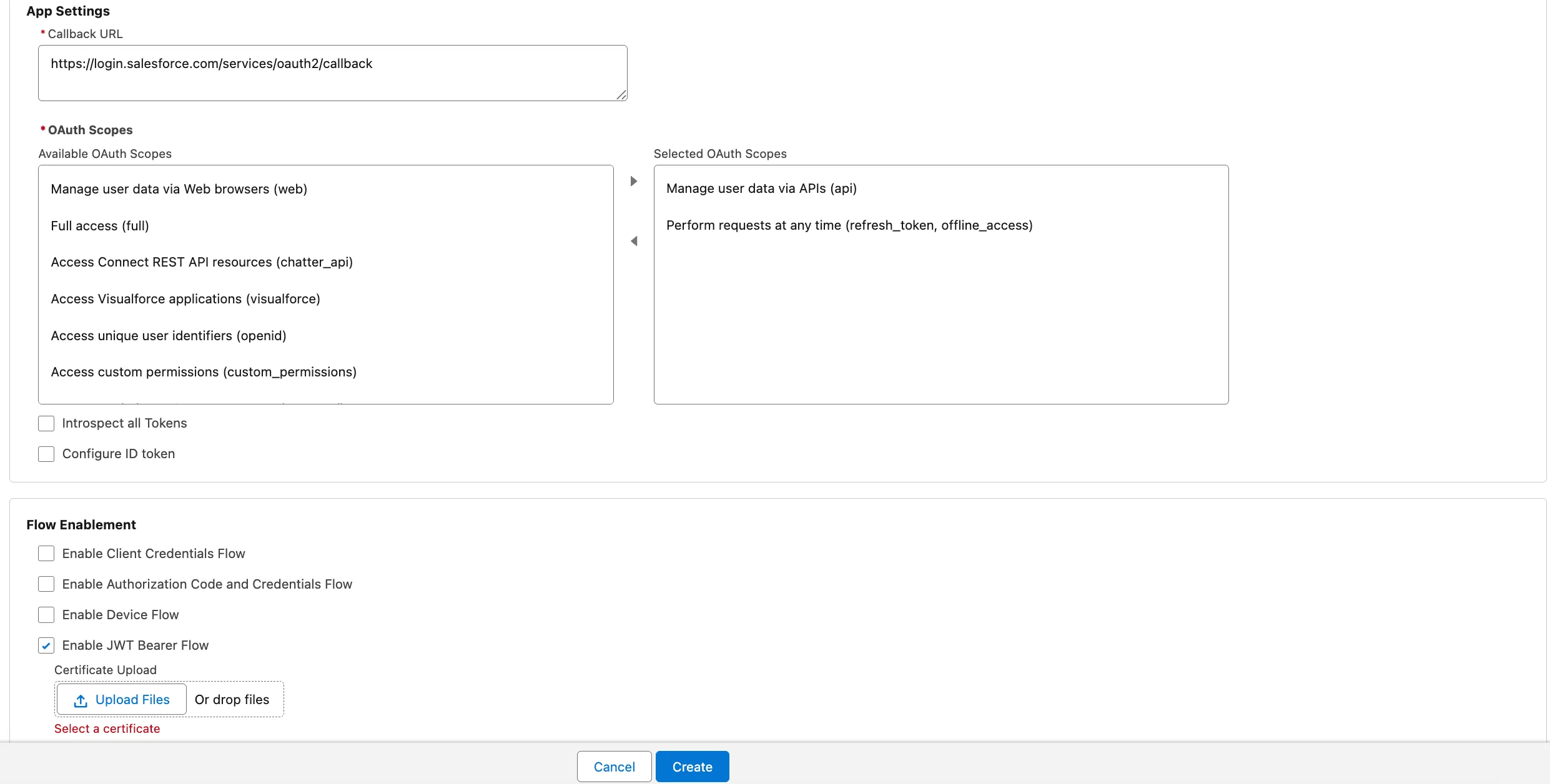 New External Client App form showing JWT Bearer Flow and certificate upload settings