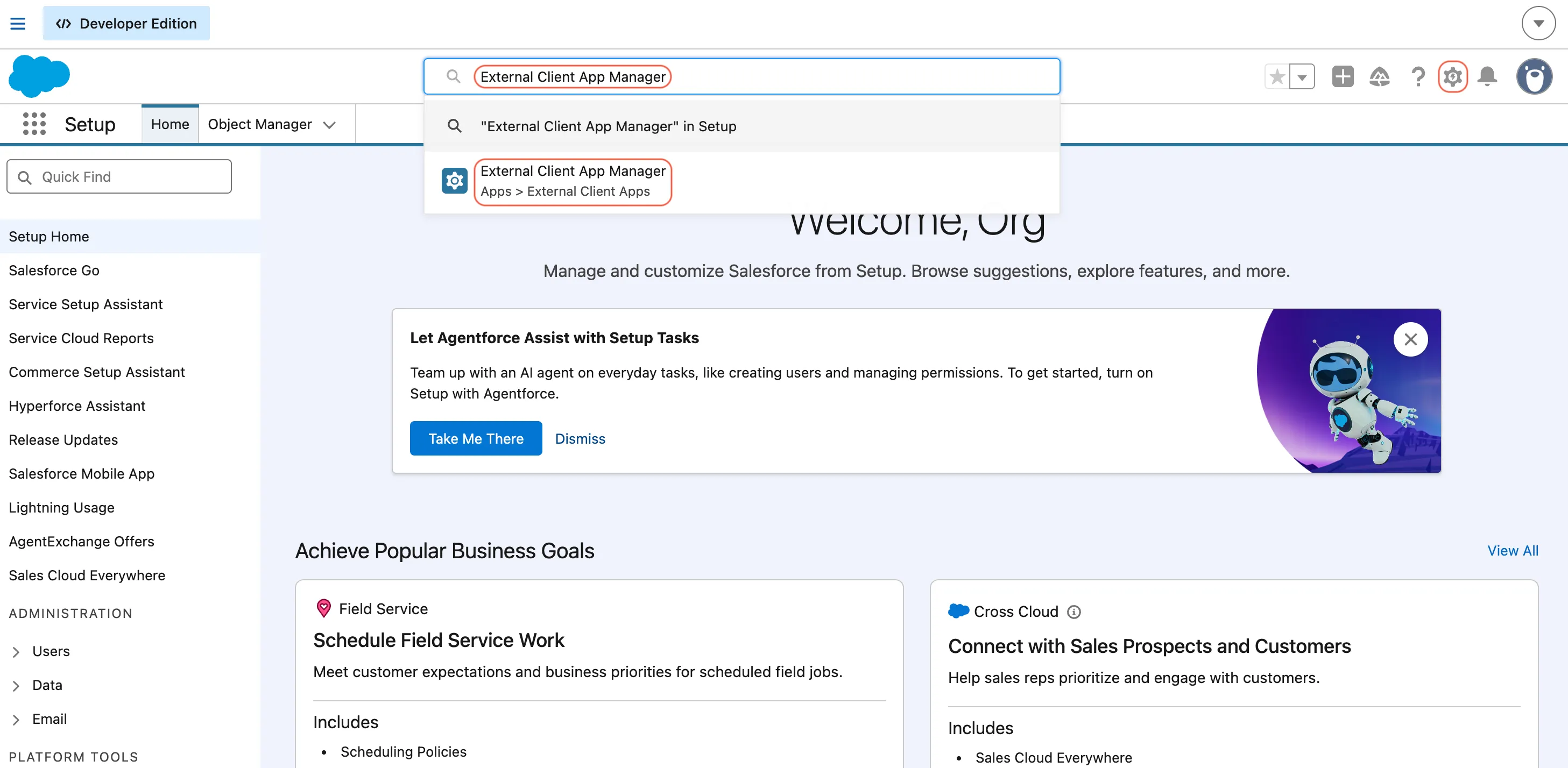 Salesforce Setup showing External Client App Manager in Quick Find