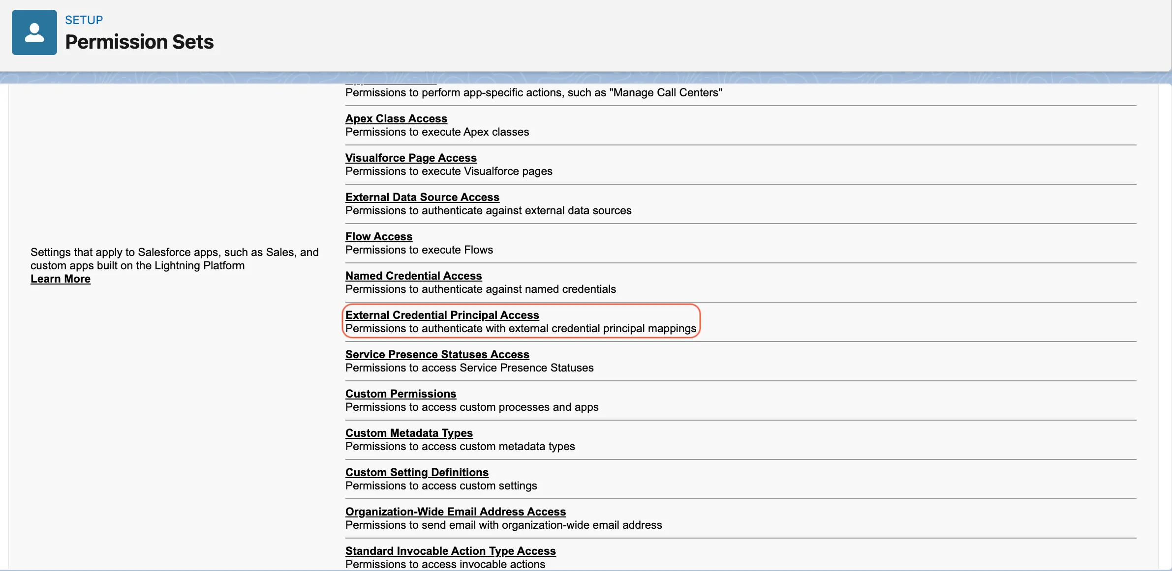Nutrient permission set showing External Credential Principal Access