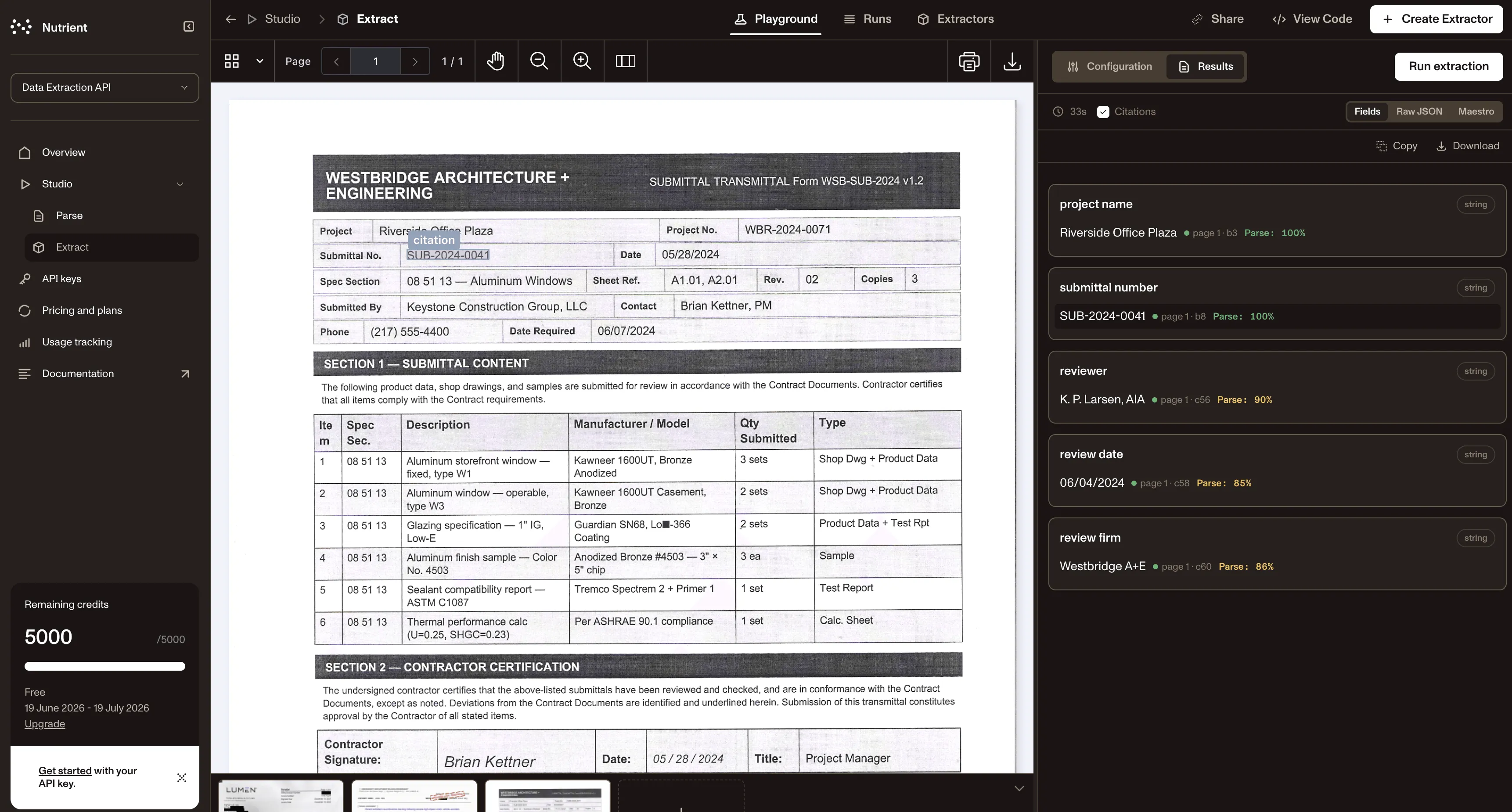 Extracting data from a construction submittal
