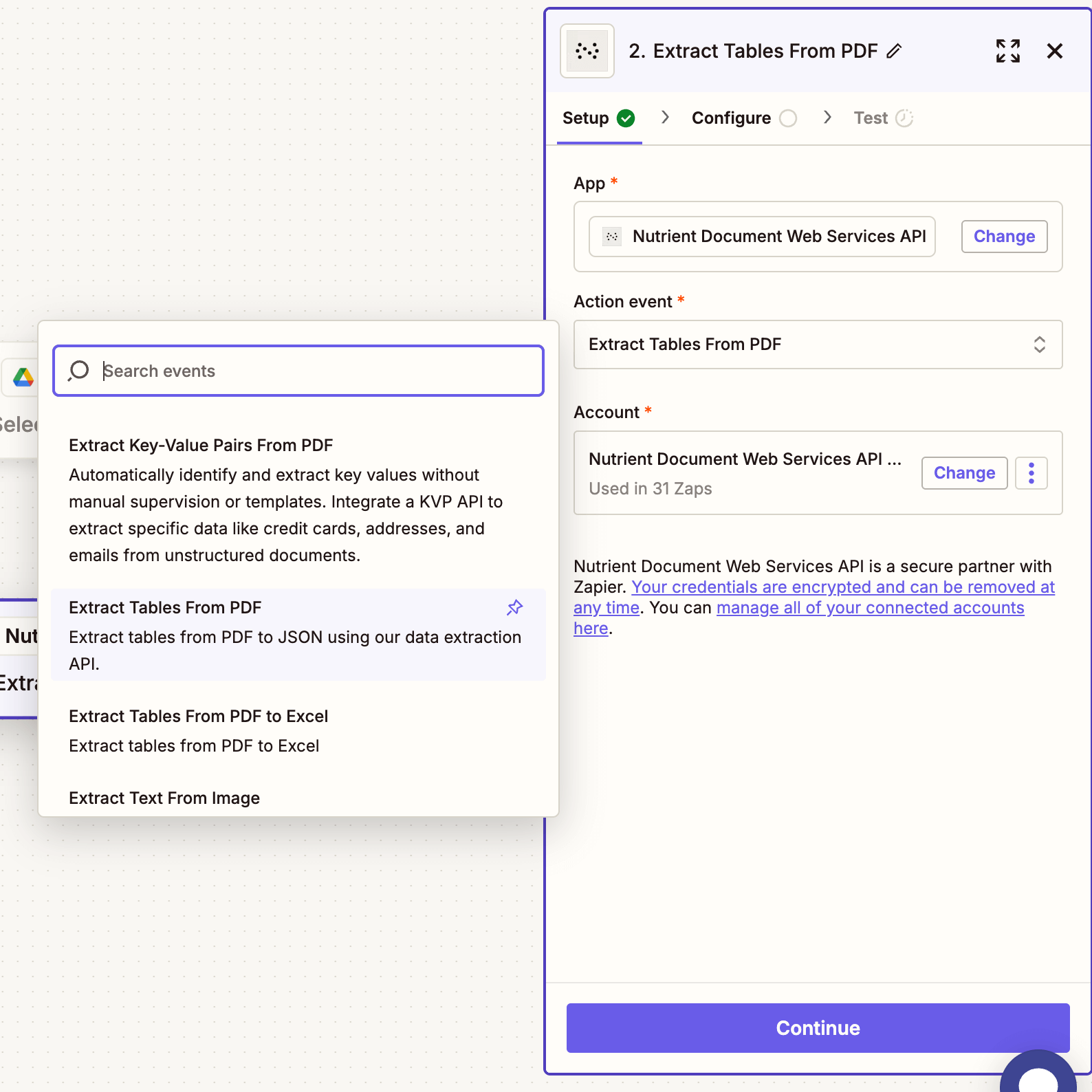 Select the 'Extract Tables from PDF' action event
