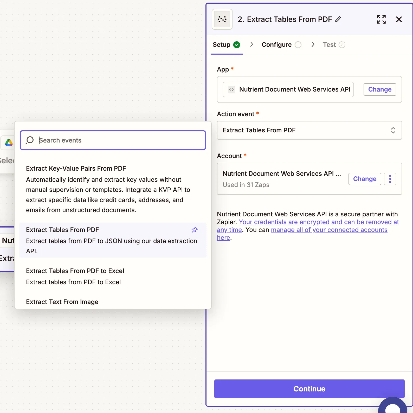 Select the 'Extract Tables from PDF' action event