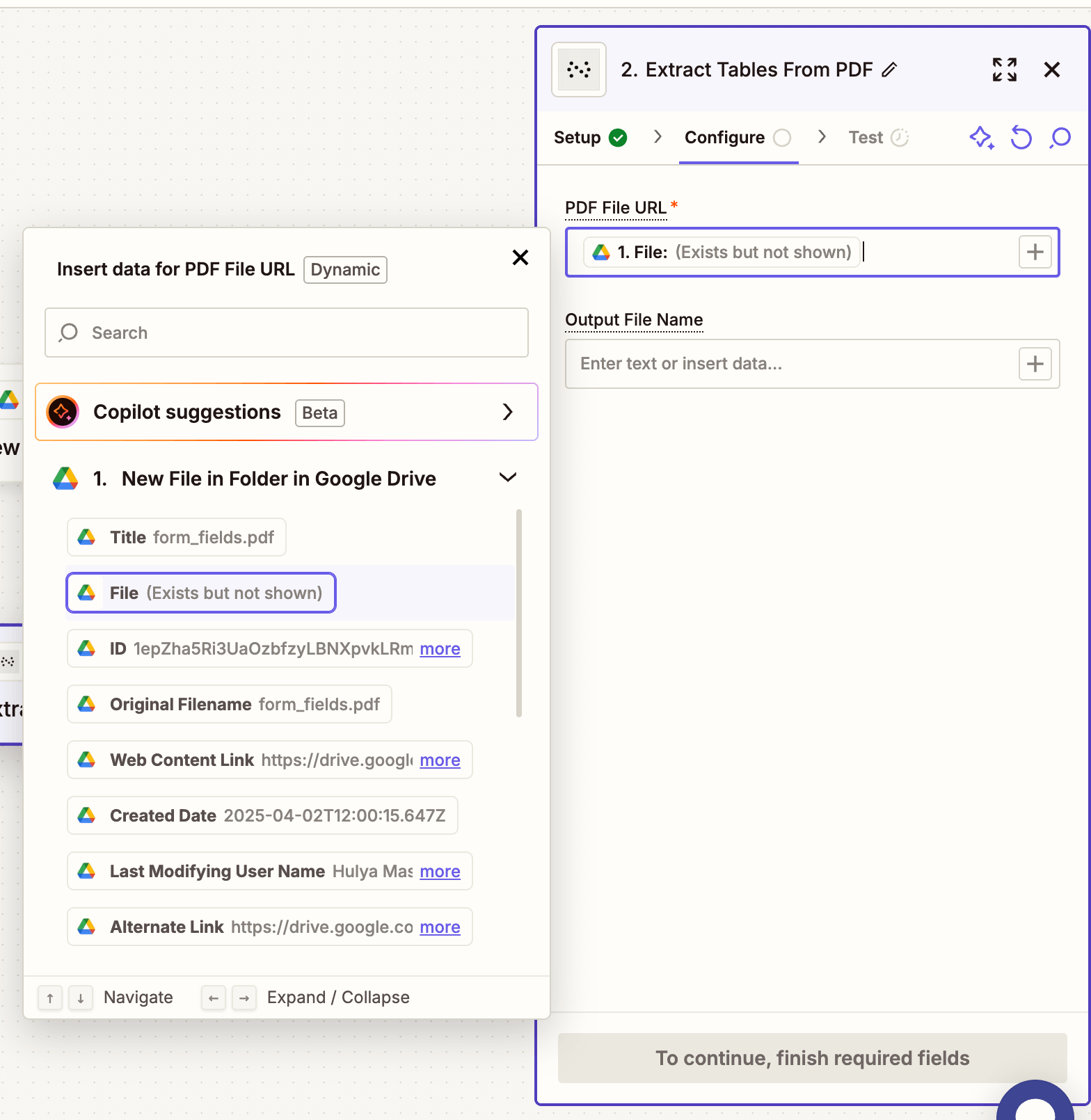 Fill in the action fields including PDF file and output name