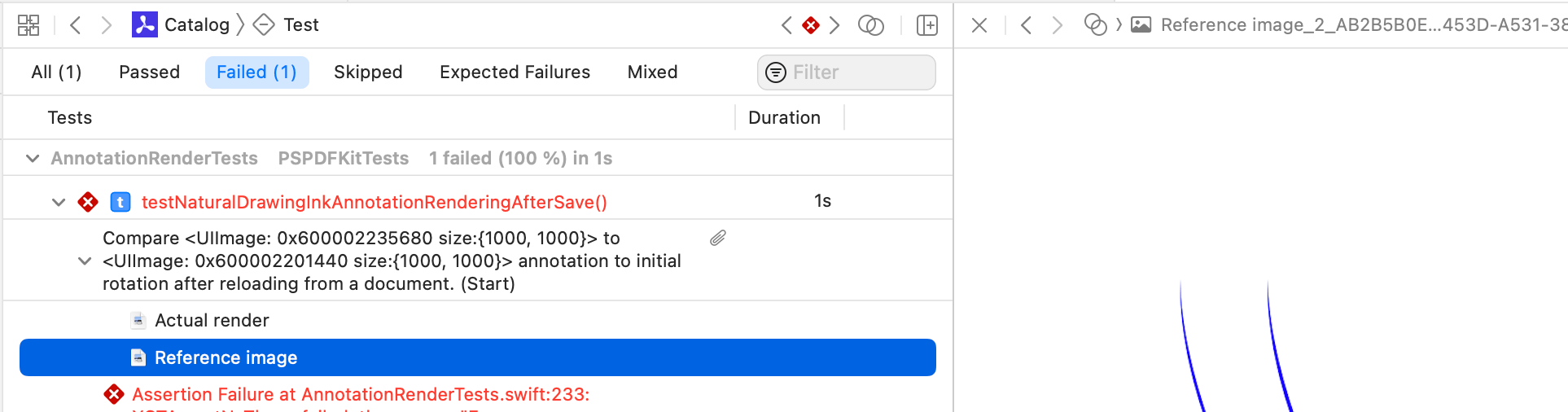 A failed render test in Xcode