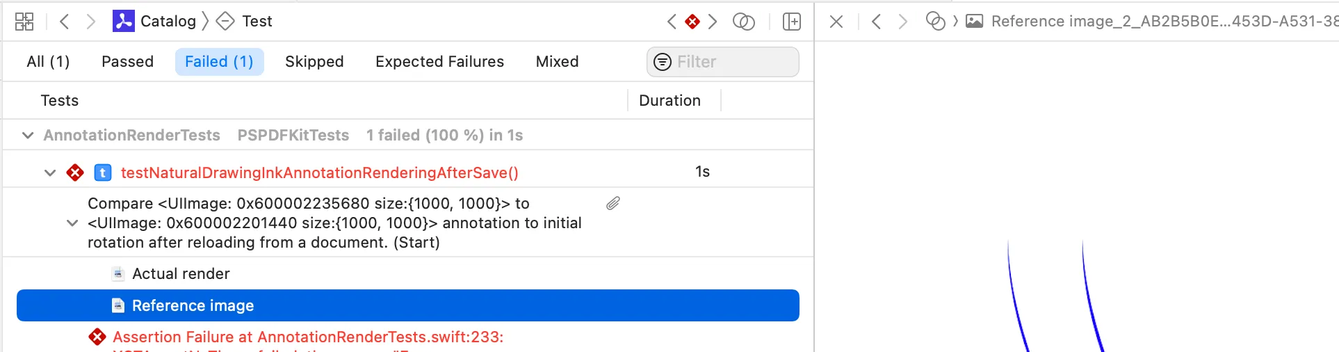 A failed render test in Xcode