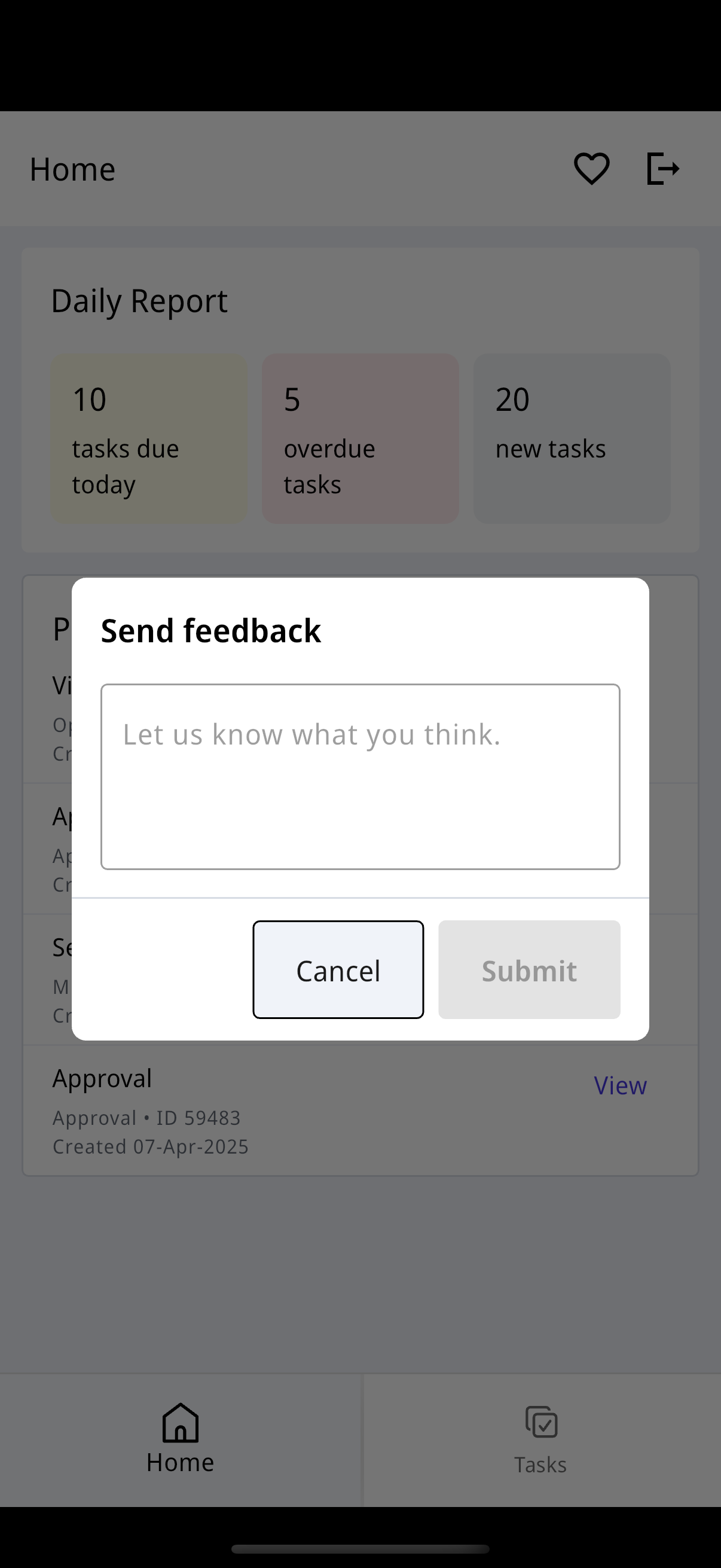 Nutrient Workflow Automation mobile app feedback modal showing 'Send feedback' dialog with text field saying 'Let us know what you think'