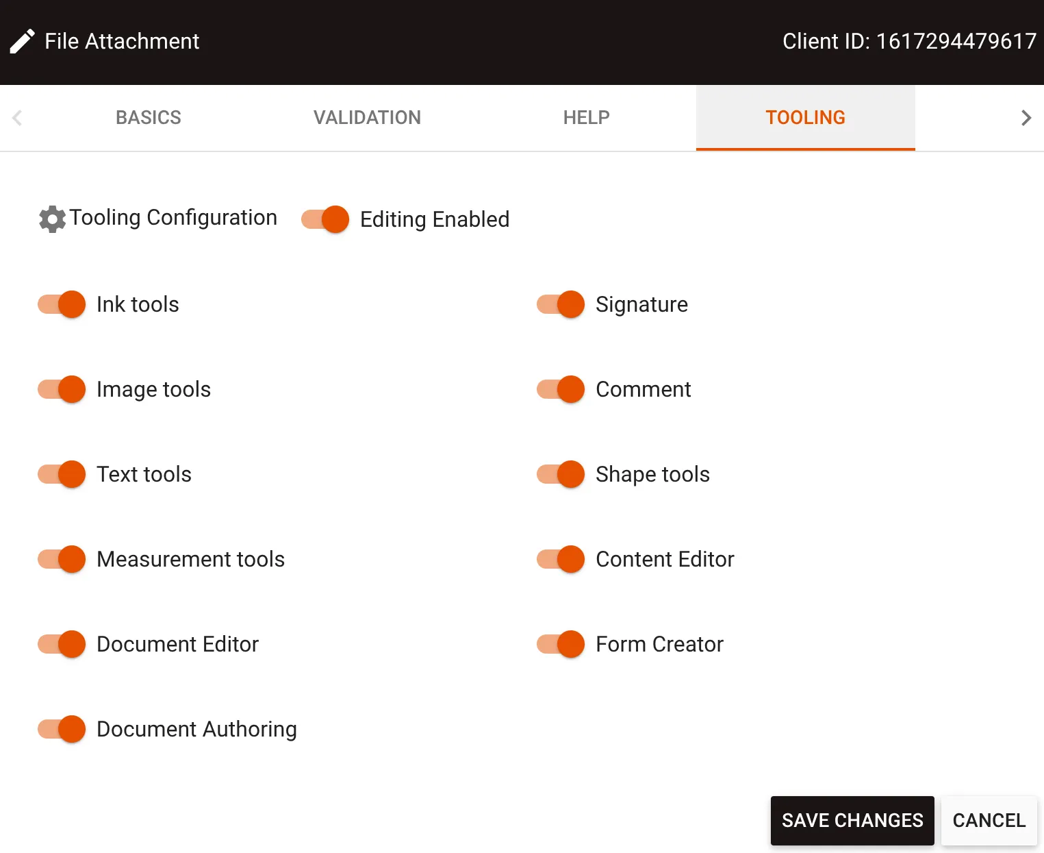 Tooling tab with editing tools options for file attachments