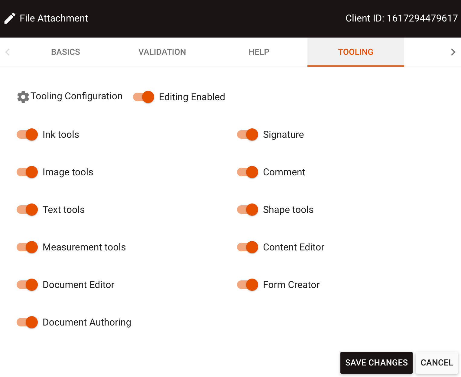 Tooling tab with editing tools options for file attachments