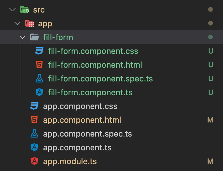 Angular project file structure showing the fill-form component directory